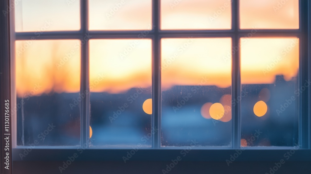 Poster sunset view through a blurred window showcasing a bokeh effect with warm colors creating a serene am