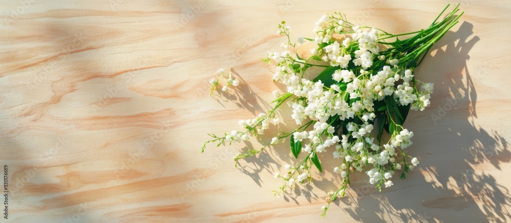 Poster fresh lilies of the valley bouquet on light wooden surface with shadows creating a serene spring atm