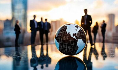 Small globe on reflective surface with blurred people and urban skyline at sunset in background Focus teamwork global connection - Powered by Adobe
