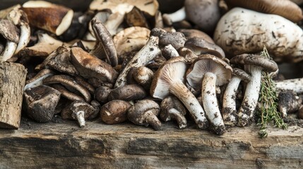Freshly Harvested Mushrooms Arranged on Rustic Wooden Surface