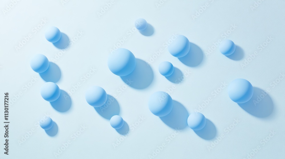 Poster blue spheres of varying sizes casting shadows on a soft light blue background creating a tranquil ab