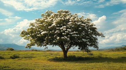 Obraz premium Majestic flowering tree in a serene natural landscape under a bright blue sky with clouds and mountains in the background