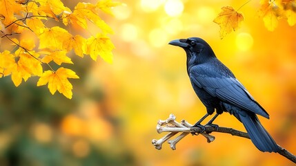 Black Raven Perched On Branch Amidst Autumn Leaves