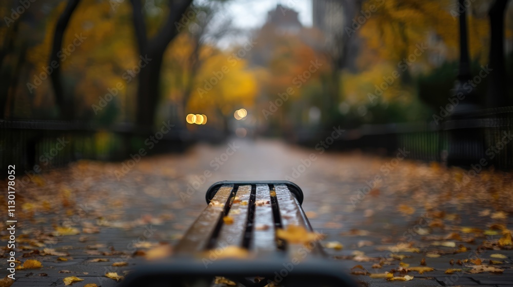 Poster serene park bench in autumn with blurred background of trees and fallen leaves creating a peaceful a