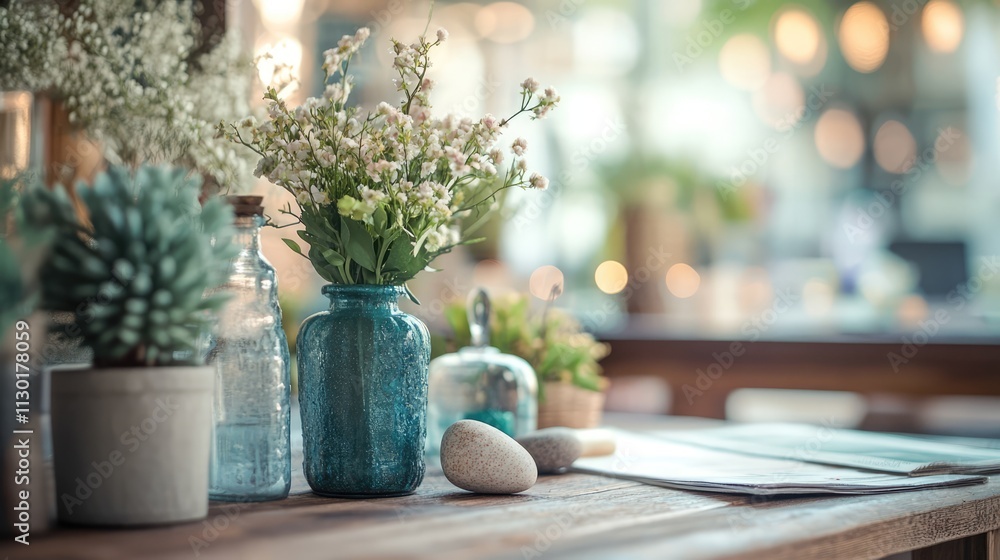 Poster decorative floral arrangements and glassware on a wooden table with a blurred background creating a 