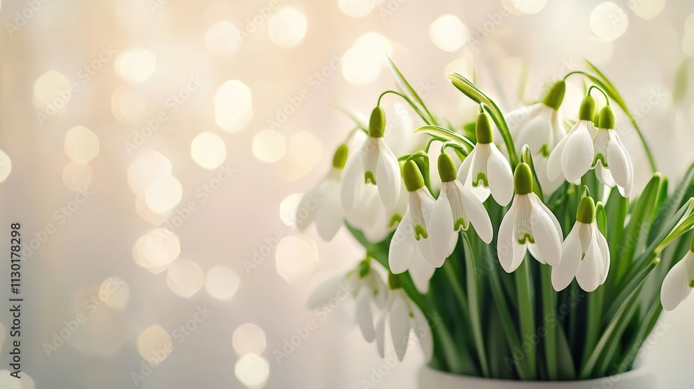 Poster spring bouquet of snowdrop flowers in a vase with blurred background and ample copy space for text o