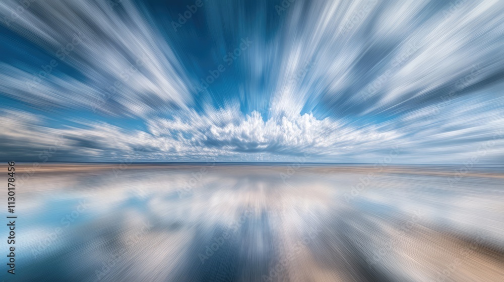 Aufkleber dynamic motion blur of blue sky and white clouds reflecting on water surface creating an abstract an