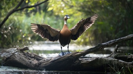 Obraz premium Black bellied Whistling Duck proudly displays its wings while perched on a fallen tree in a serene wetland environment