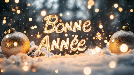 Happy new year background written in French language Bonne Année in yellow gold letters and festive backdrop with snow and bokeh light