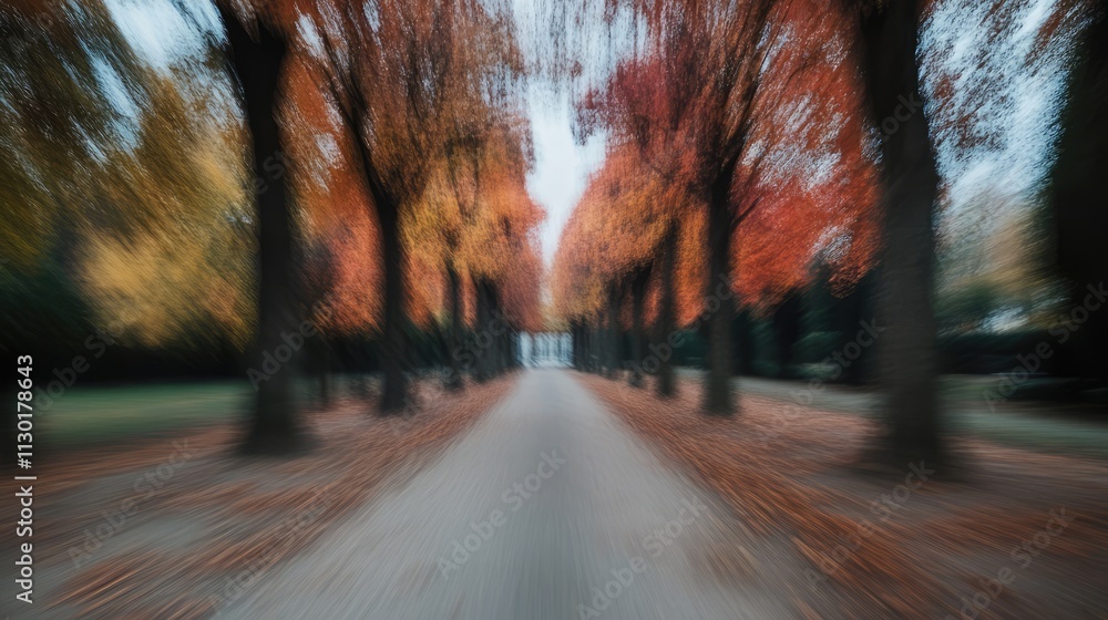 Poster autumn park pathway with blurred trees creating a tranquil fall atmosphere in a vibrant colored alle