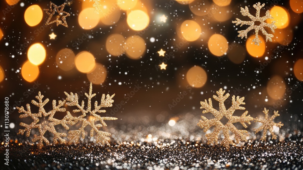 Poster magical holiday bokeh lights background with shimmering snowflakes and twinkling stars creating a fe