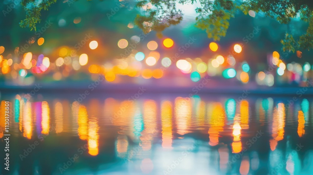 Aufkleber bokeh effect and vibrant reflections on tranquil water at sunset creating a serene background atmosp