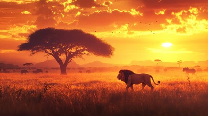 Obraz premium Majestic Lion Silhouetted Against Vibrant Sunset in African Savanna