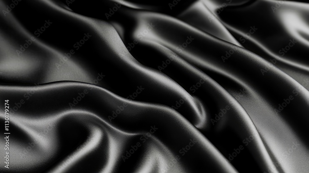 Poster Luxurious black satin fabric texture with soft waves and a shiny abstract background creating an elegant and sophisticated aesthetic.