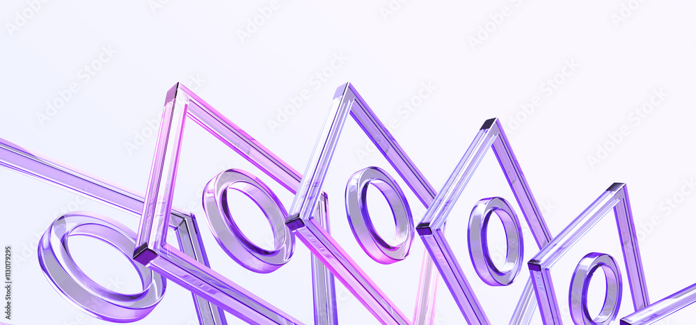 Poster 3d abstract glass square wireframe with circle inside. iridescent crystal transparent grid shapes wi