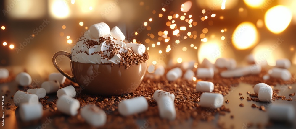 Poster delicious hot cocoa topped with marshmallows and whipped cream surrounded by cocoa powder with a war