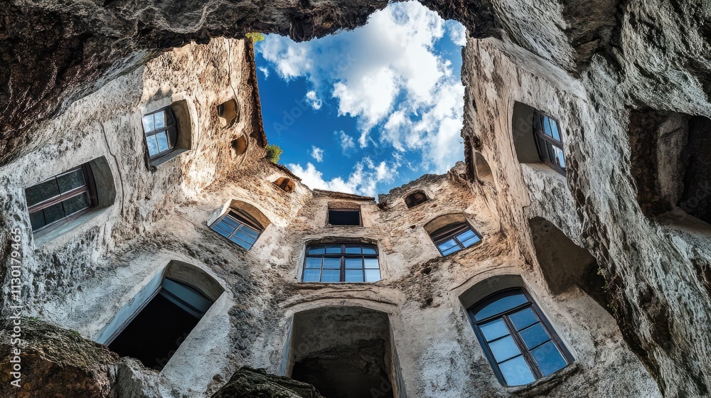 Poster architectural details of an abandoned building viewed from below with blue sky and clouds creating a