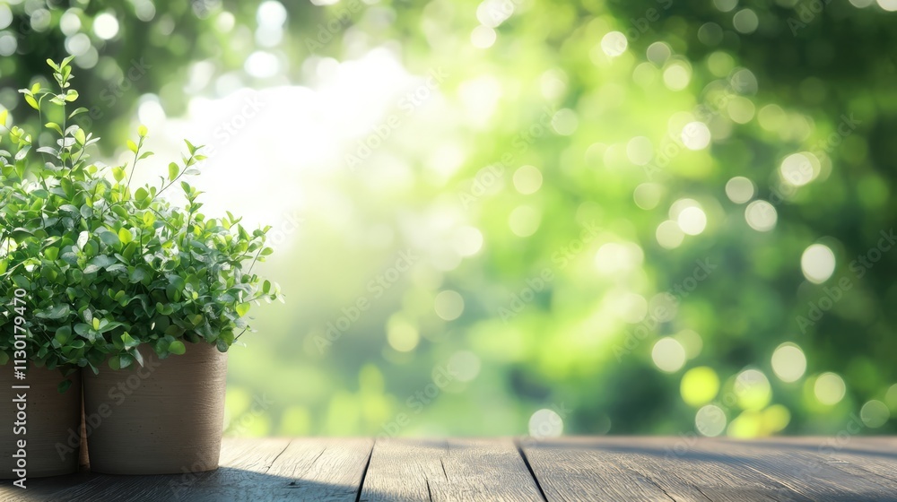 Poster serene blurred background with greenery and potted plants on a wooden surface creating a calming nat