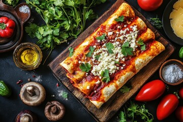 A delicious plate of enchiladas garnished with herbs, surrounded by fresh ingredients.