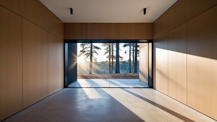 Obraz premium modern architectural interior with a minimalist style. The layout features a large, open space with wooden paneling on the walls, creating a warm and natural ambiance