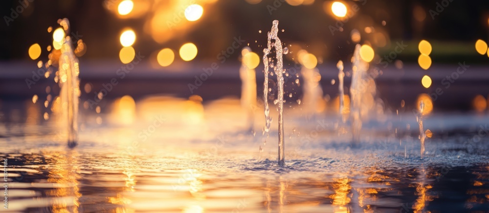 Poster elegant fountain with sparkling water jets reflecting in tranquil evening light and a softly blurred