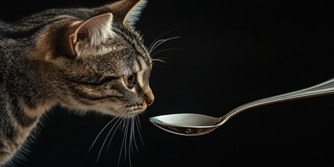 A Tabby Cat gazes affectionately at a spoon, showing a sense of admiration and curiosity towards the shiny object. The felines focused attention highlights its interest in the spoon.