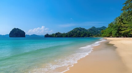 Fototapeta premium Tropical beach scene with turquoise waters and lush greenery under a vibrant blue sky ideal for text overlay and travel inspiration