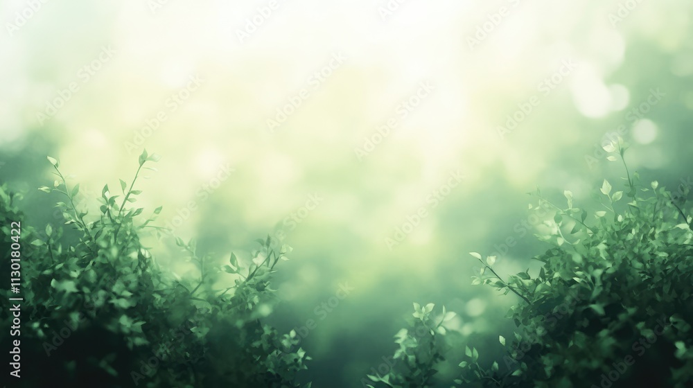 Poster Soft green bokeh background with gentle foliage creating a tranquil and serene atmosphere ideal for nature themes and design projects