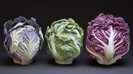 Obraz premium Savoy and red cabbages displayed on dark background showcasing vibrant colors and textures of fresh vegetables in natural lighting
