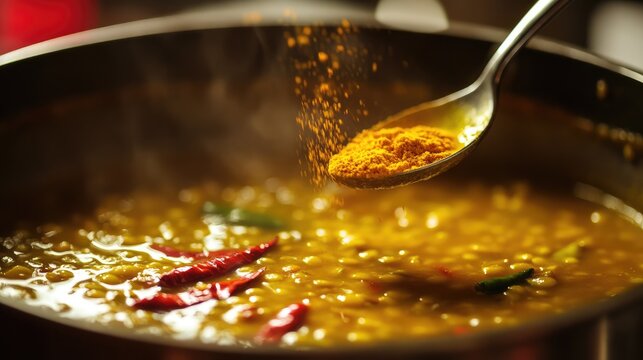 Vibrant Cooking Scene with Spices and Lentil Dish in a Pot