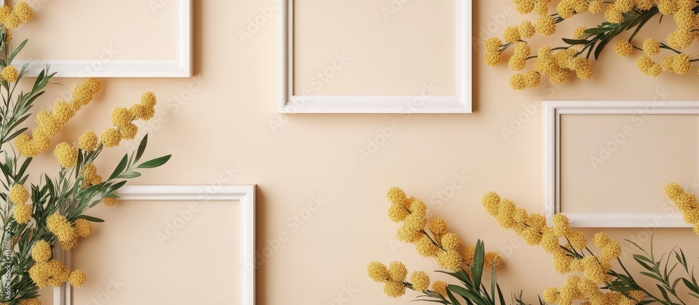 Poster spring-themed empty frames with mimosa flowers on a beige background ideal for invitations greetings