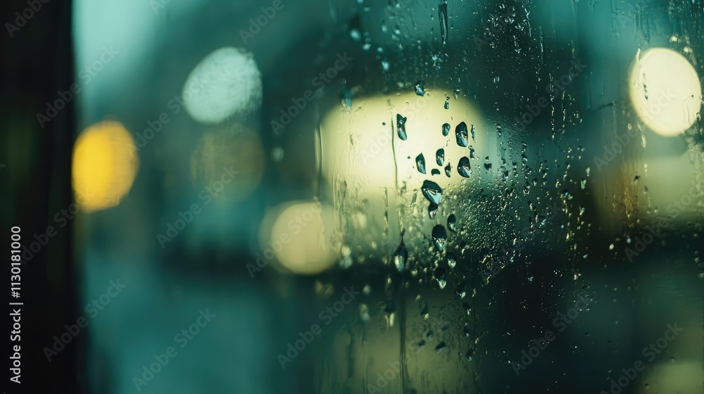Poster rain droplets on a glass window with a blurred urban background creating a moody atmosphere during a