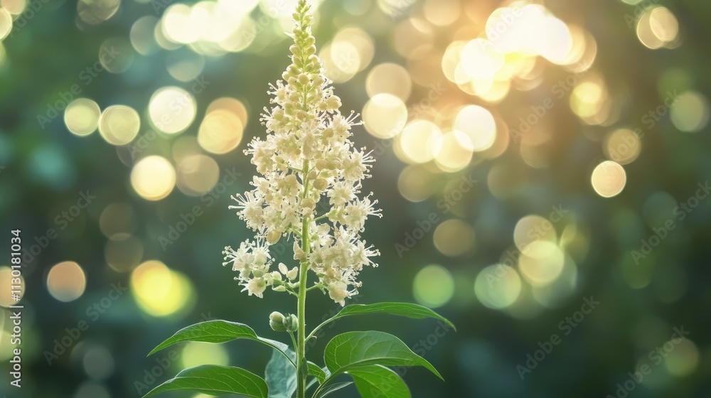 Poster nature scene with blurred background showcasing a flowering plant illuminated by sunlight creating a