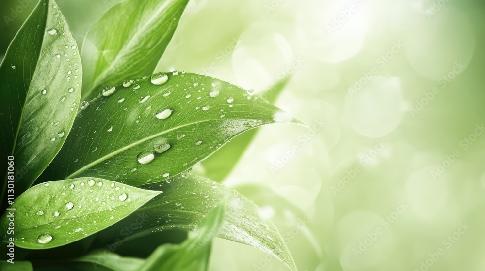 Poster Elegant green leaves with water droplets creating a calm and refreshing natural background with soft bokeh effect.