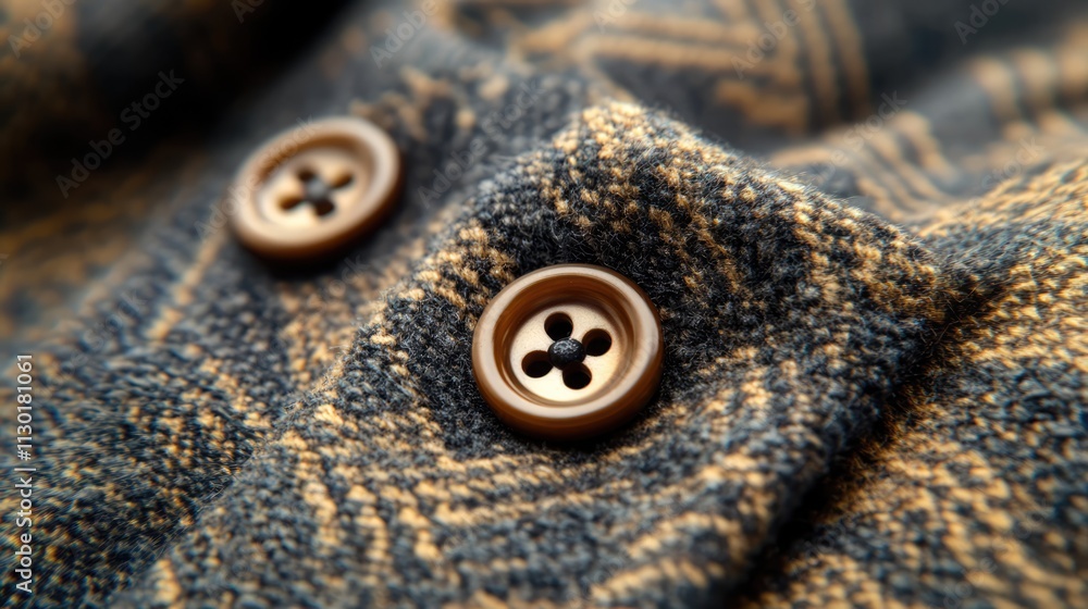 Poster macro close-up of vintage jacket buttons showcasing detailed texture and fabric pattern for stock ph