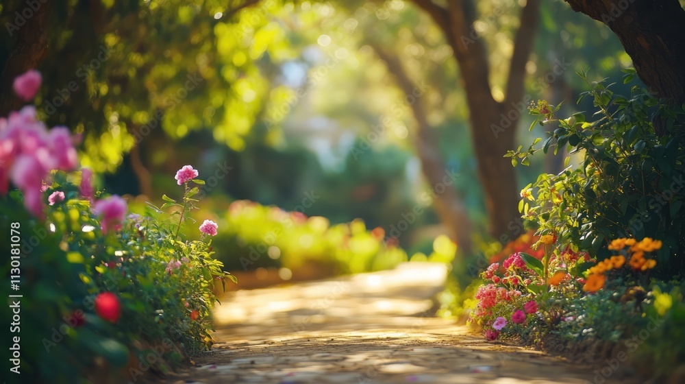 Poster serene forest pathway illuminated by dappled sunlight with vibrant flowers lining the way amidst tal