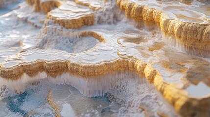 Fototapeta premium Stunning travertine terraces showcasing natural mineral formations and cascading water flows in a serene landscape environment