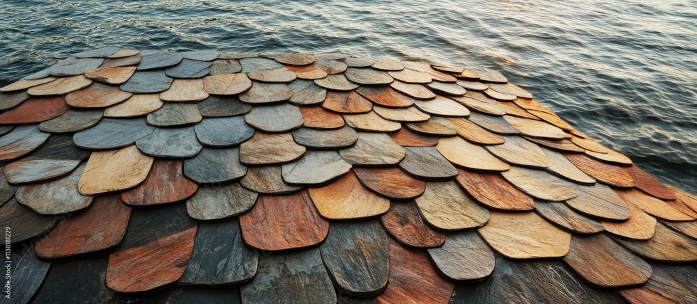 Poster textured shingle surface by the water showcasing natural colors and patterns ideal for backgrounds a