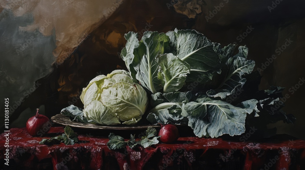 Poster still life composition featuring fresh cabbages and red apples on an elegantly draped table with a t