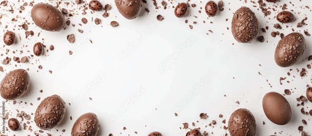 Poster chocolate easter eggs arranged in a decorative frame with cocoa crumbs on a clean white background e