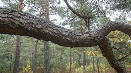 Fototapeta premium Twisted tree branch in a serene forest landscape showcasing textured bark and lush greenery