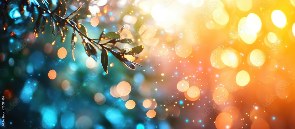 Poster abstract blurred nature background with colorful bokeh light effects and glittering elements on leav