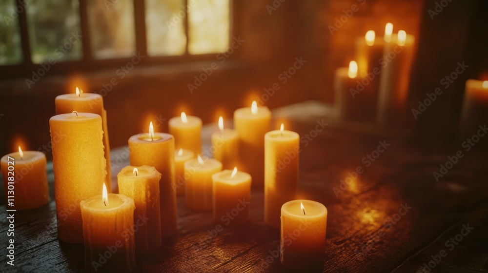 Poster serene scandinavian interior with illuminated candles creating a warm and cozy ambiance in a rustic 