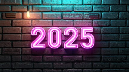 Obraz premium 2025 Neon Sign on Brick Wall New Year s Eve Party Background