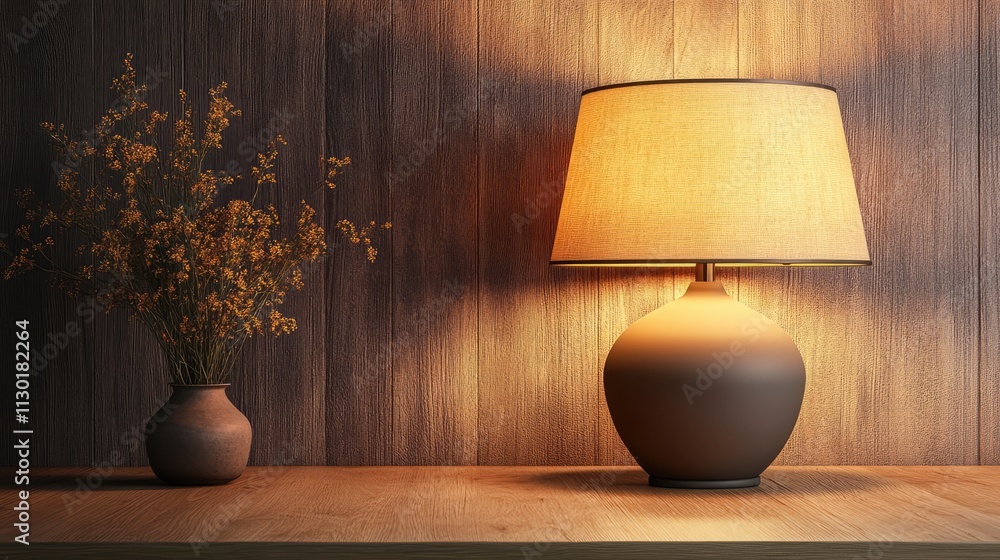 Poster elegant table lamp with warm glow and decorative vase on wooden surface against a rustic wall backdr