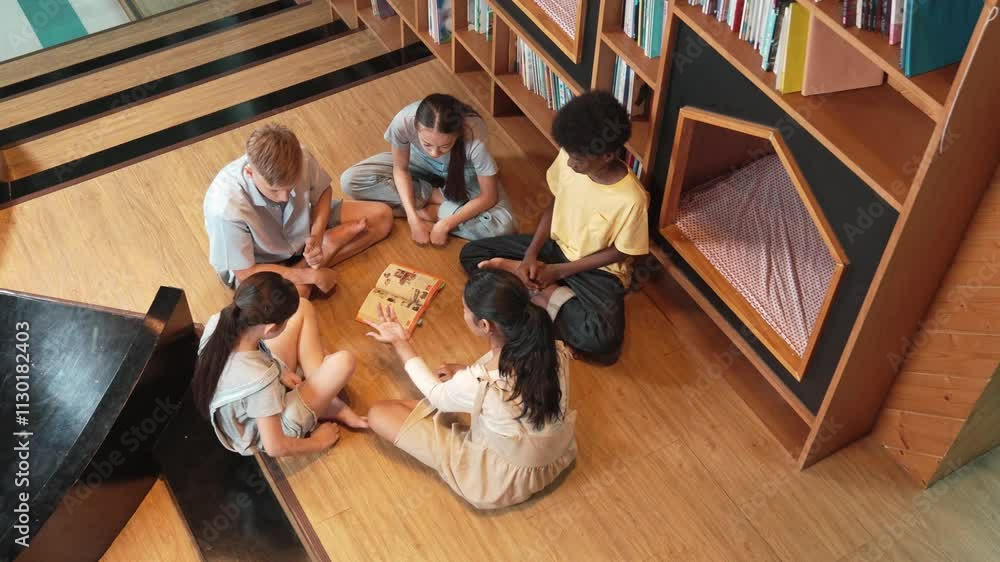 Poster top view of diverse children sitting in circle while looking at camera and waving hands at library s