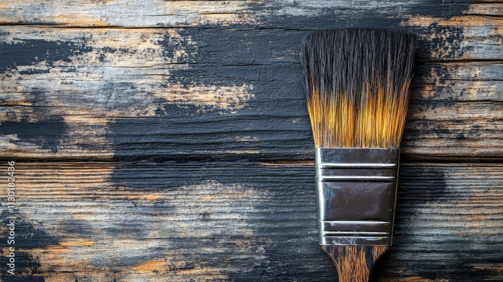 Poster paint brush resting on rustic wooden surface with artistic texture and color variations showcasing c
