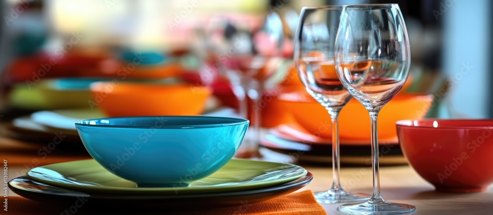 Poster vibrant table setting with colorful dishware and elegant glassware creating a beautiful dining atmos