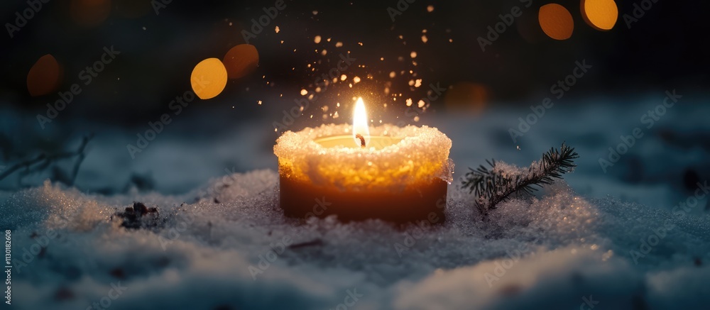 Poster candle illuminated in snowfall creating a warm festive atmosphere during christmas season with glowi