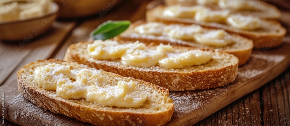Poster buttered bread with sugar topping arranged on a rustic wooden table setting showcasing a delicious b